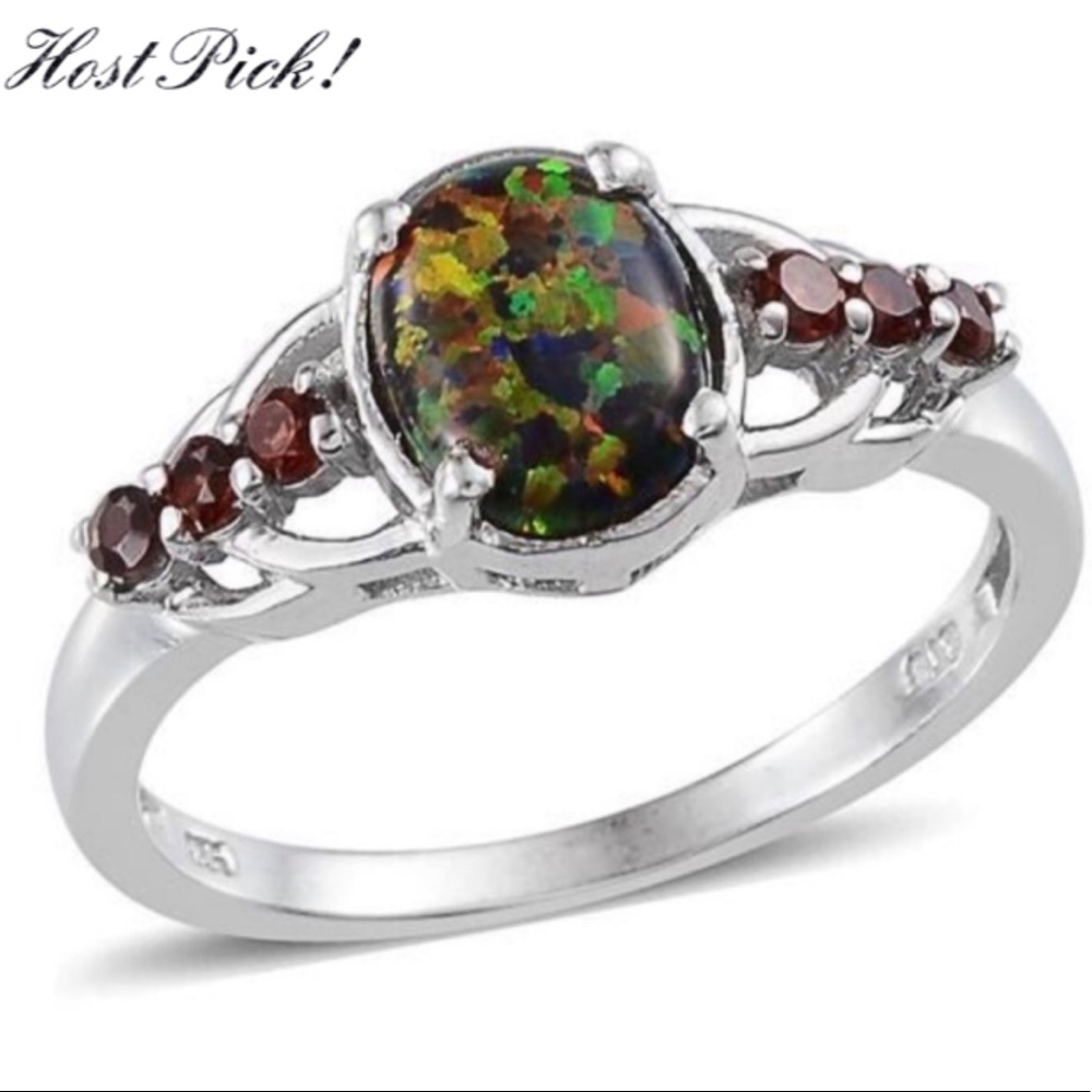 New Solid Sterling Silver Black Opal & Garnet Ring - image 1